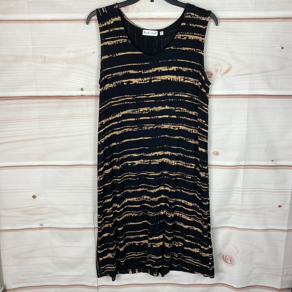Habitat Dress Womens M Black Brown Stripe Tank Sleeveless Scoop Neck Jersey Knit